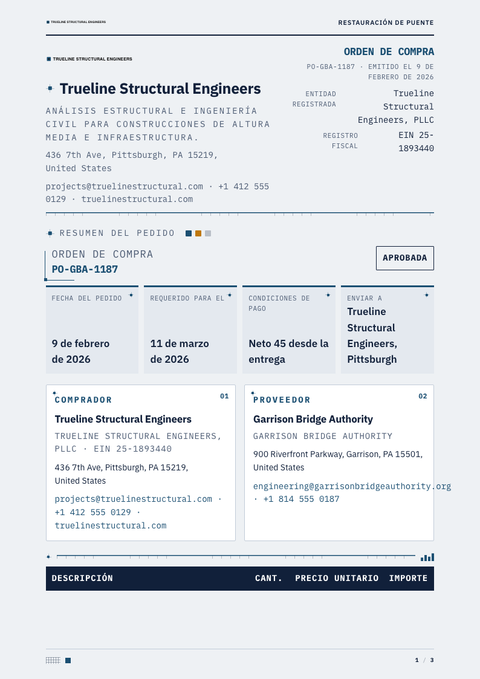 A finished purchase order rendered in a técnico look