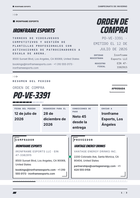 A finished purchase order rendered in a gaming y pop look