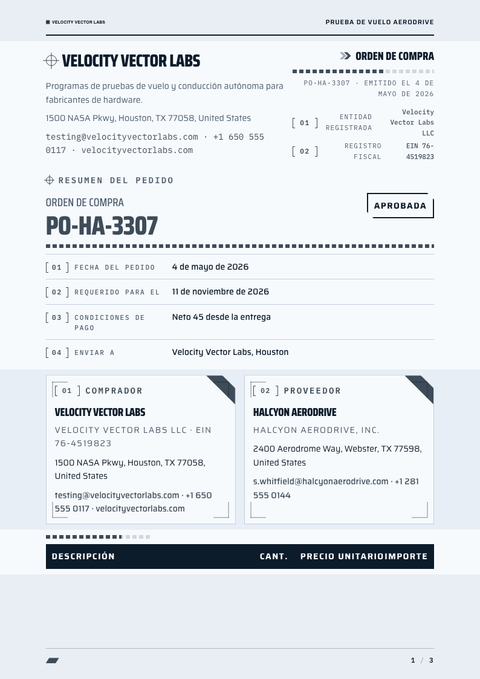 A finished purchase order rendered in a futurista look