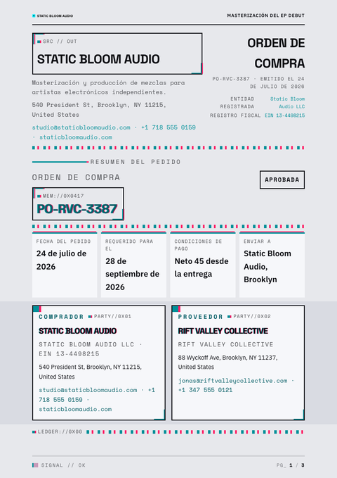 A finished purchase order rendered in a brutalista look