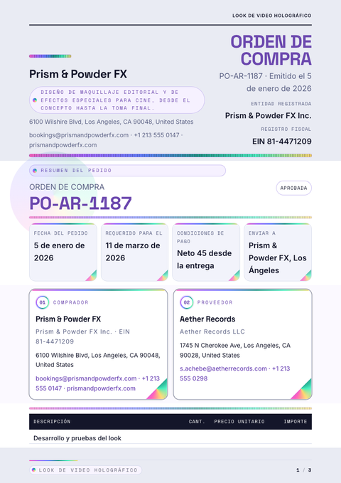 A finished purchase order rendered in a futurista look
