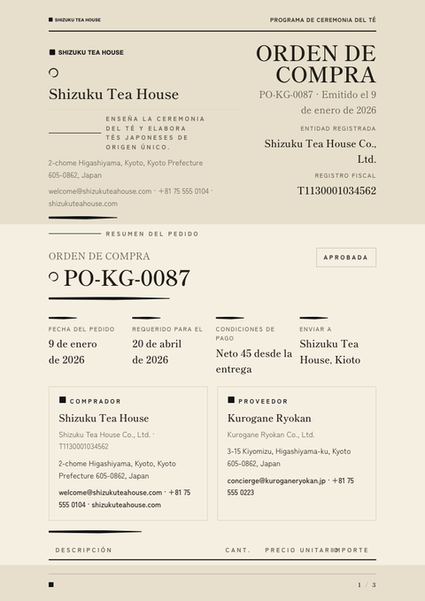 A finished purchase order rendered in a cultural look