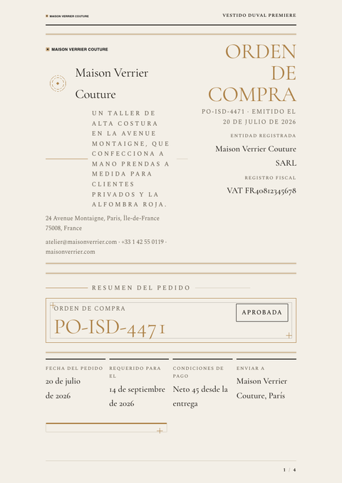A finished purchase order rendered in a estilo de vida look