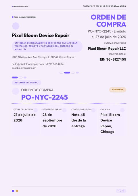 A finished purchase order rendered in a plano y minimalista look