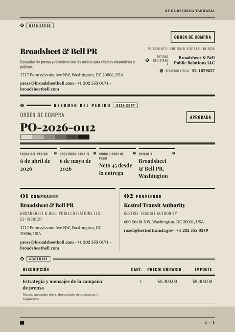 A finished purchase order rendered in a impreso look