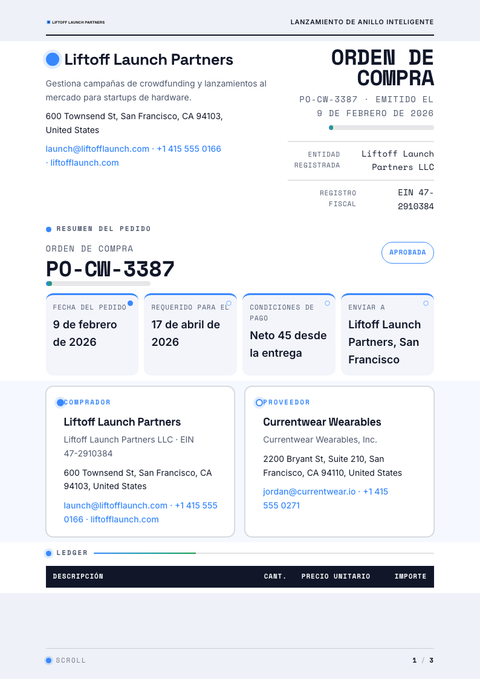 A finished purchase order rendered in a movimiento look