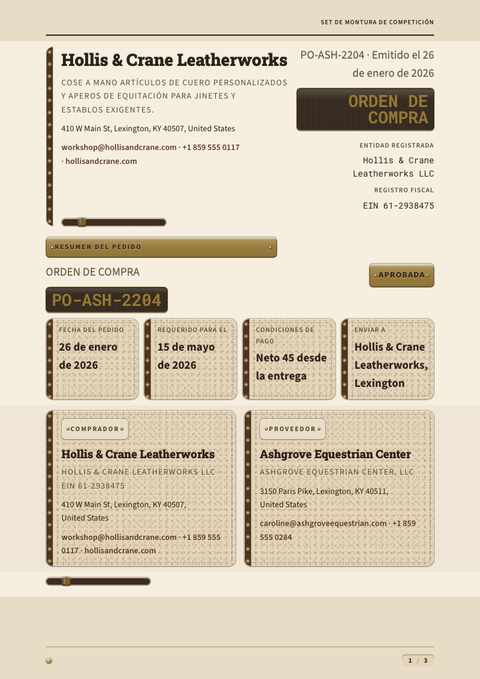 A finished purchase order rendered in a morfismo look