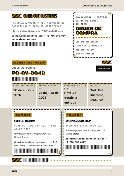 A finished purchase order rendered in a estilo de vida look
