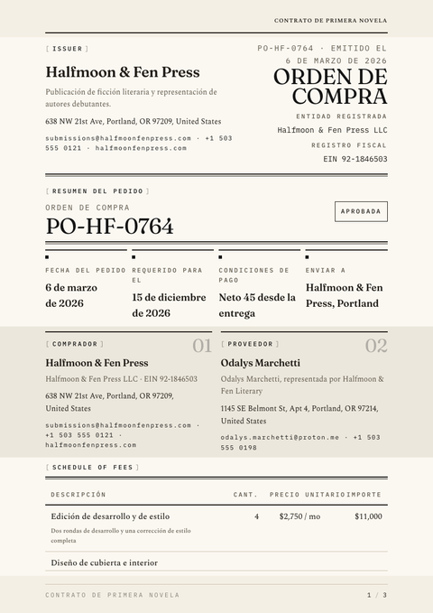 A finished purchase order rendered in a tipográfico look