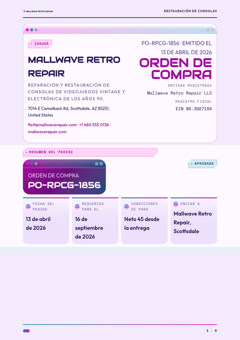 A finished purchase order rendered in a retro look