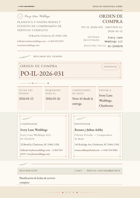 A finished purchase order rendered in a otros look