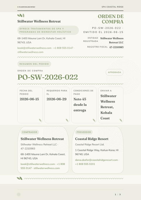 A finished purchase order rendered in a estilo de vida look