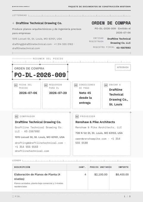 A finished purchase order rendered in a técnico look