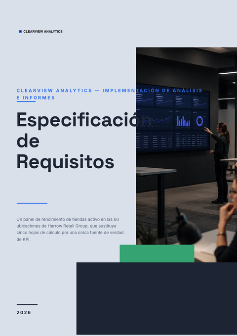 A finished requirements document rendered in a técnico look