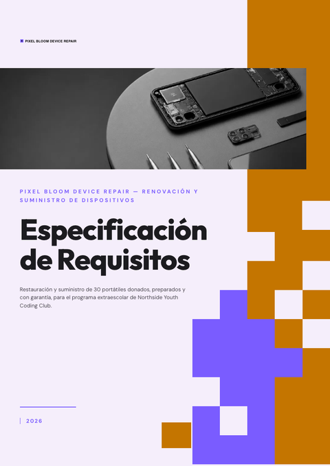 A finished requirements document rendered in a plano y minimalista look