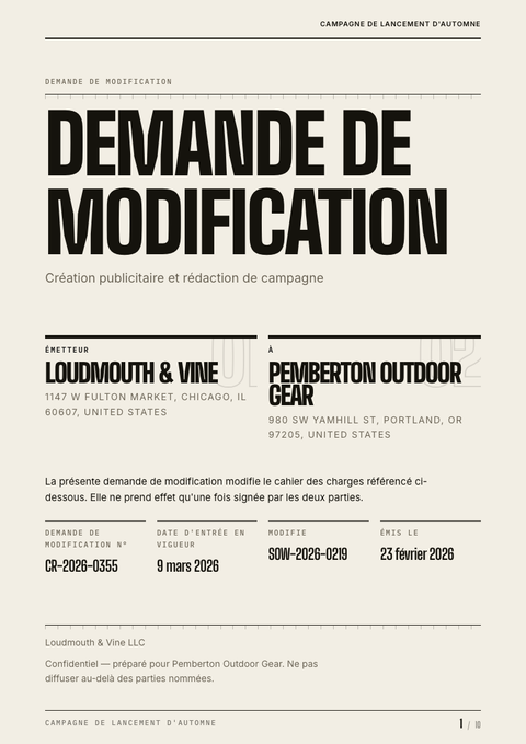 A finished change request rendered in a typographique look