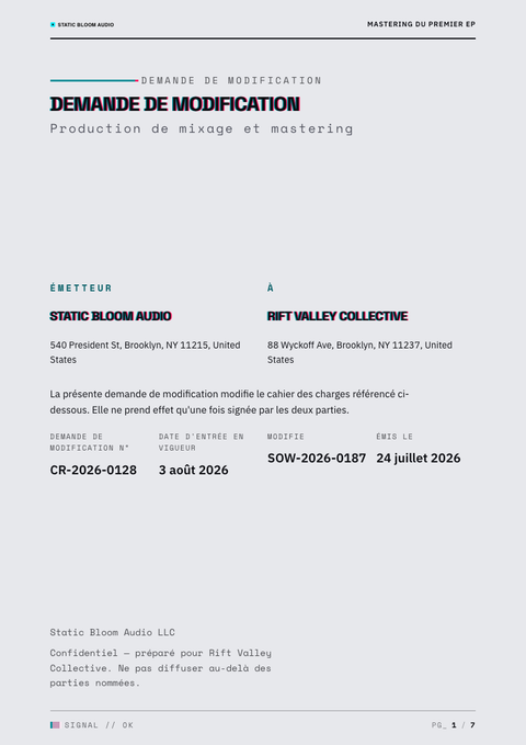 A finished change request rendered in a brutaliste look