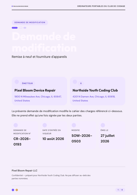 A finished change request rendered in a plat & minimaliste look
