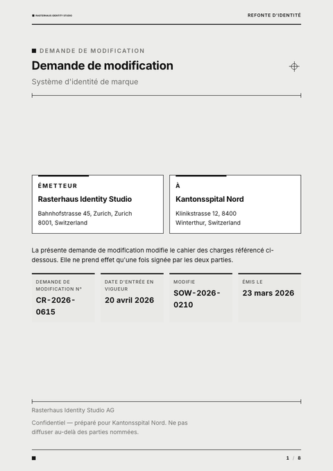 A finished change request rendered in a plat & minimaliste look