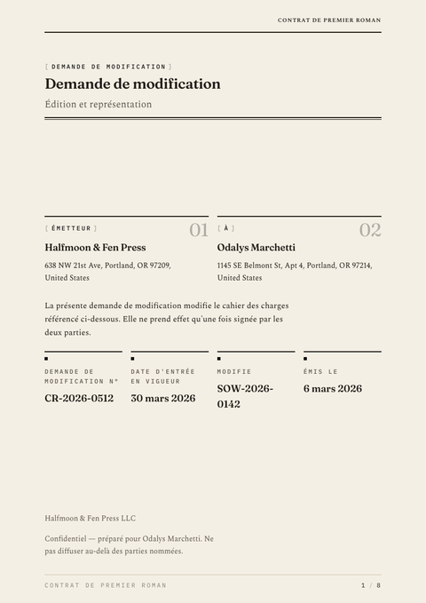 A finished change request rendered in a typographique look