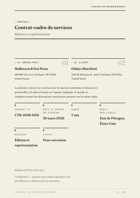 A finished contract rendered in a typographique look