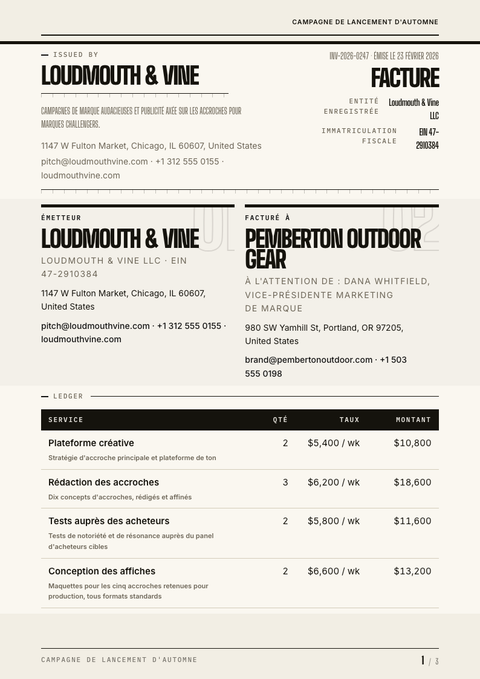 A finished invoice rendered in a typographique look