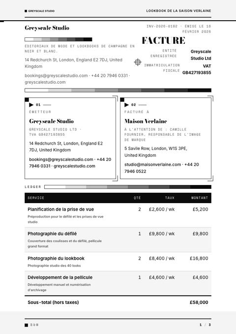 A finished invoice rendered in a couleur look