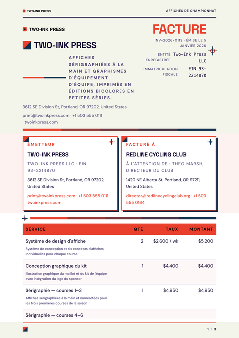 A finished invoice rendered in a couleur look