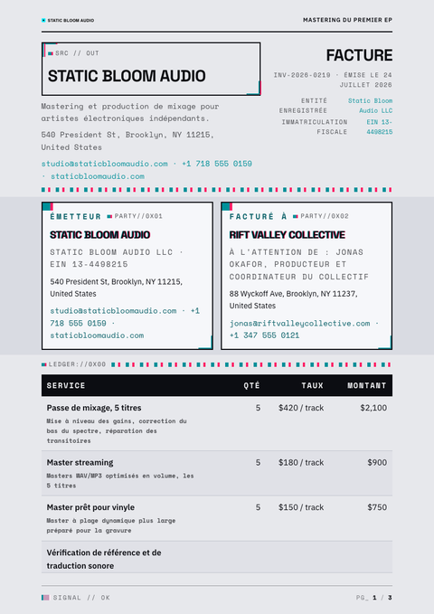A finished invoice rendered in a brutaliste look