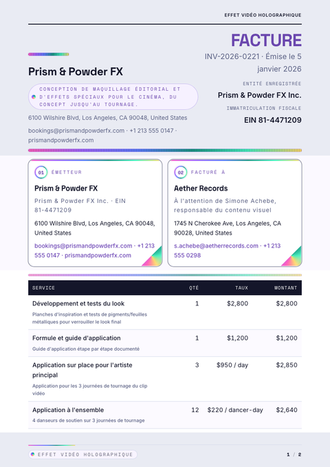 A finished invoice rendered in a futuriste look