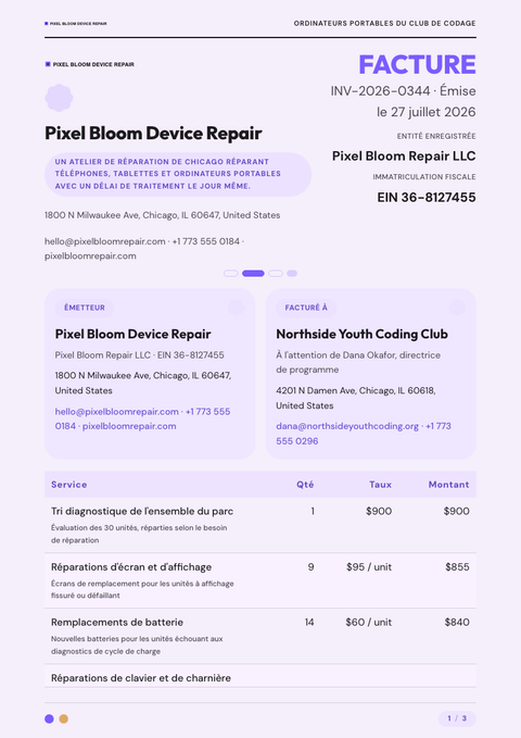 A finished invoice rendered in a plat & minimaliste look