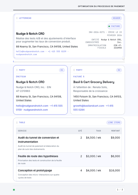 A finished invoice rendered in a mouvement look