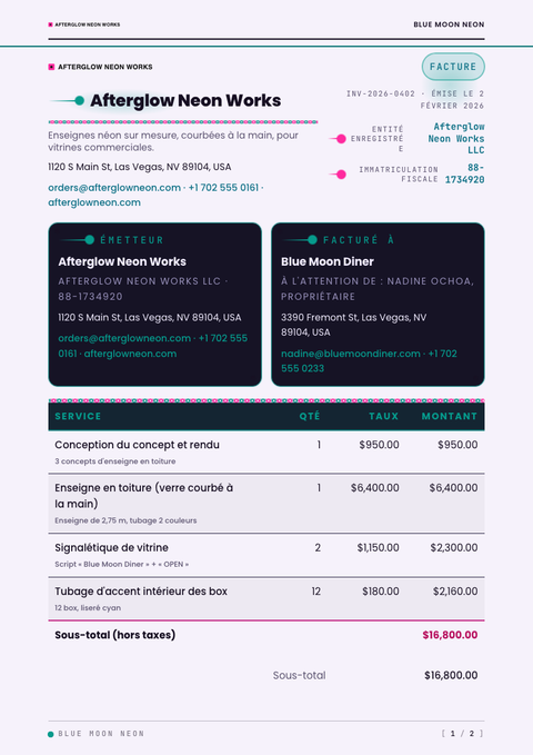 A finished invoice rendered in a futuriste look