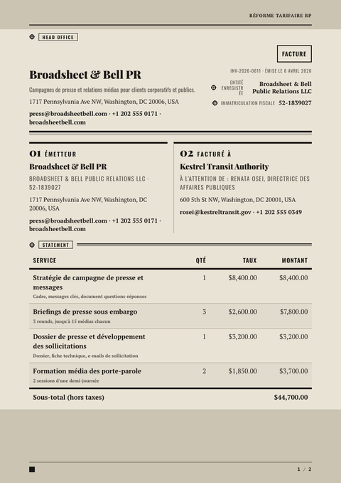A finished invoice rendered in a imprimé look