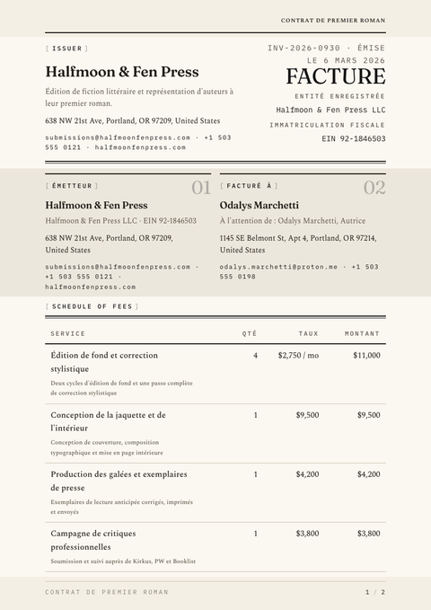 A finished invoice rendered in a typographique look