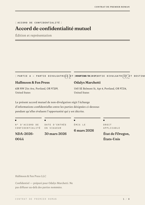 A finished nda rendered in a typographique look