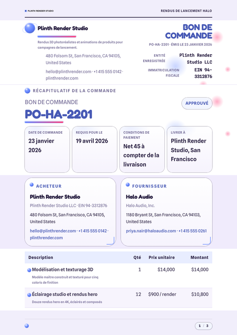 A finished purchase order rendered in a 3d look