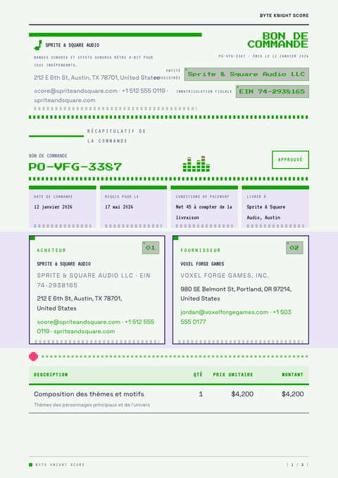 A finished purchase order rendered in a jeu & pop look
