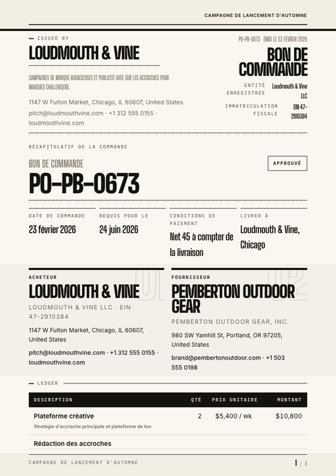 A finished purchase order rendered in a typographique look