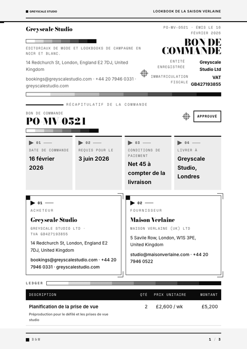 A finished purchase order rendered in a couleur look