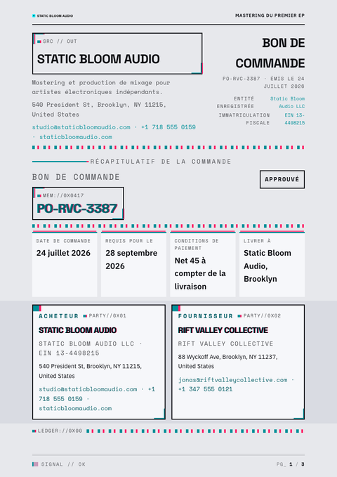 A finished purchase order rendered in a brutaliste look