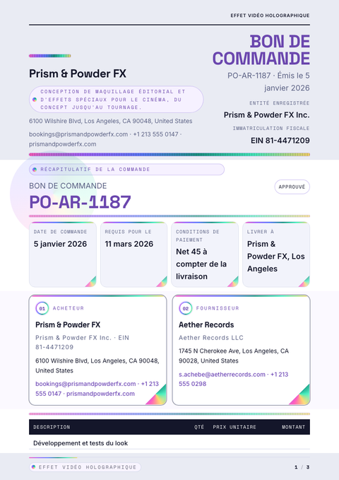 A finished purchase order rendered in a futuriste look