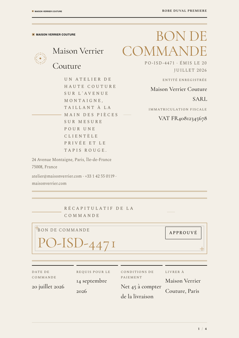 A finished purchase order rendered in a style de vie look
