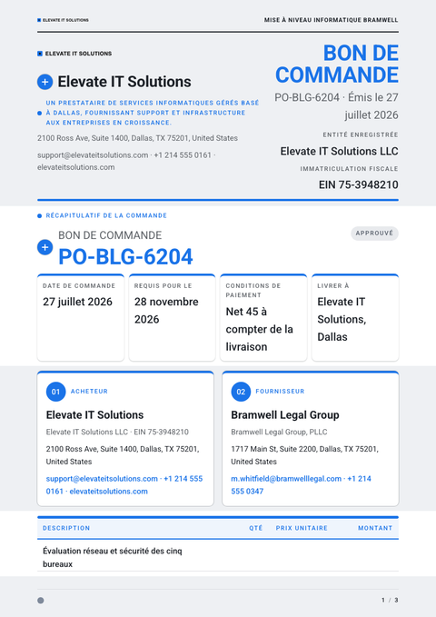 A finished purchase order rendered in a plat & minimaliste look