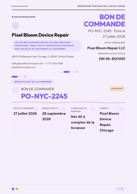 A finished purchase order rendered in a plat & minimaliste look