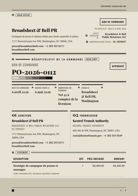 A finished purchase order rendered in a imprimé look
