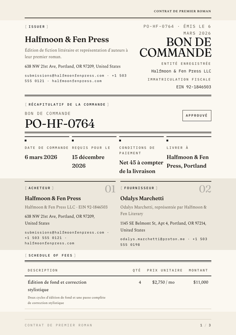 A finished purchase order rendered in a typographique look
