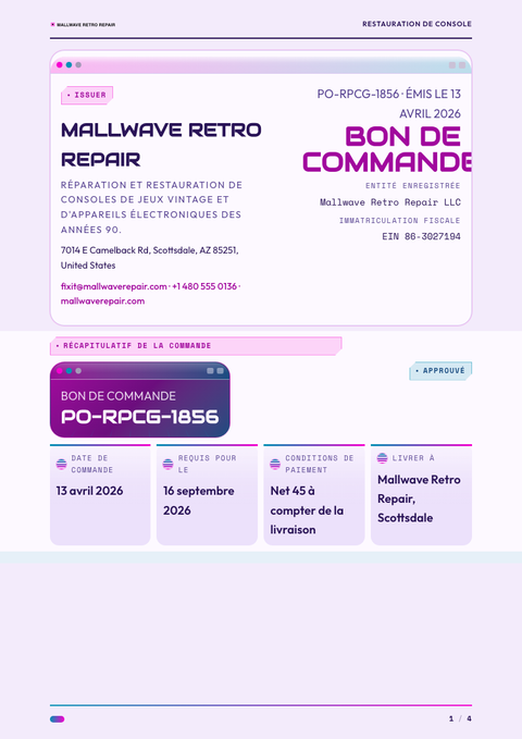 A finished purchase order rendered in a rétro look