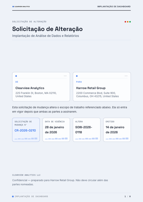 A finished change request rendered in a técnico look