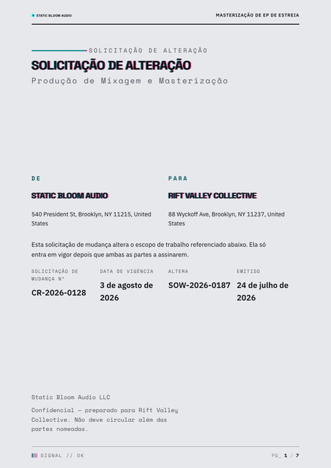 A finished change request rendered in a brutalista look
